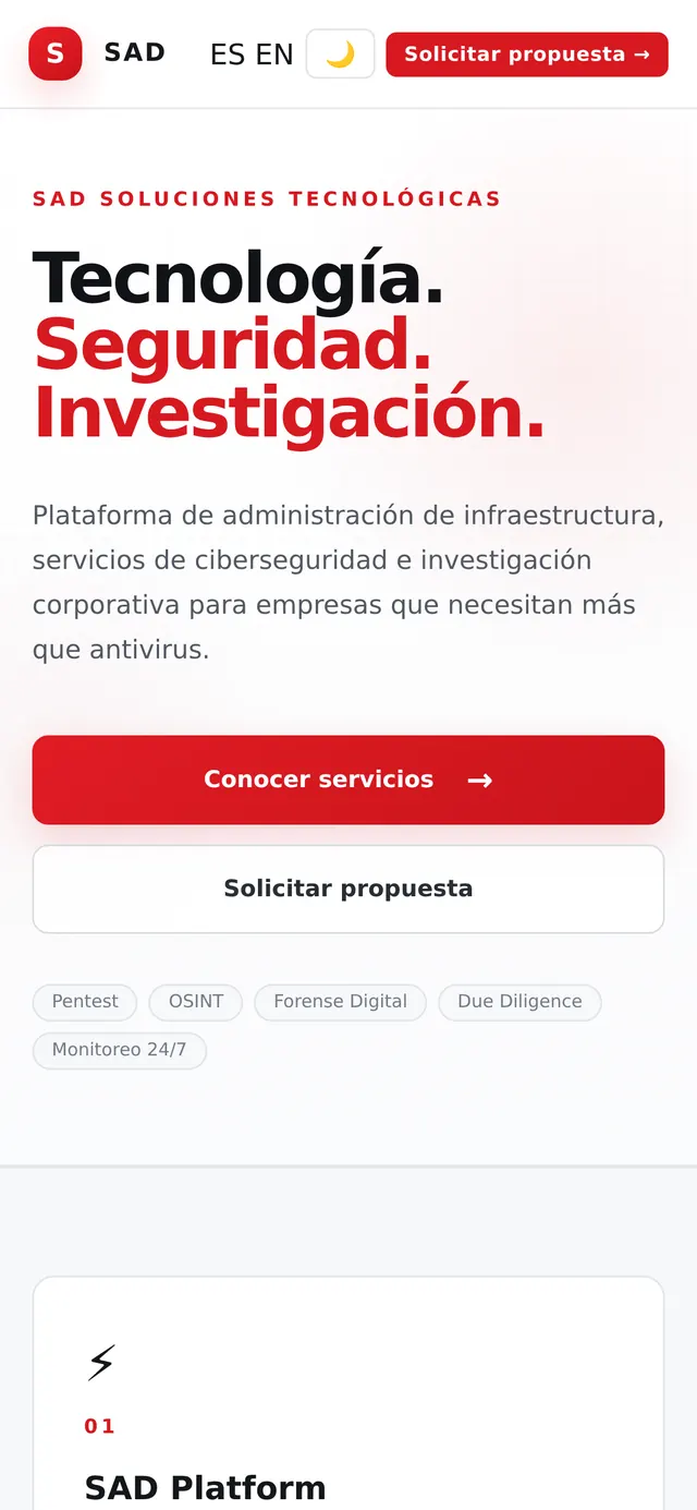 Vista del sitio de SAD Soluciones Tecnológicas